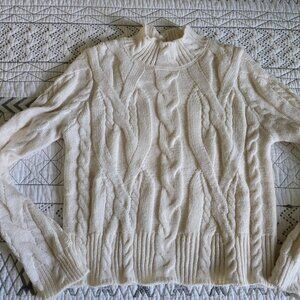 Mango Cream Turtleneck Long Sleeve Cable Knit Sweater Size Medium EUC